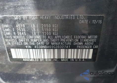 2016 Subaru Legacy 2.5I из США, поврежденный, VIN 4S3BNBA60G3032741